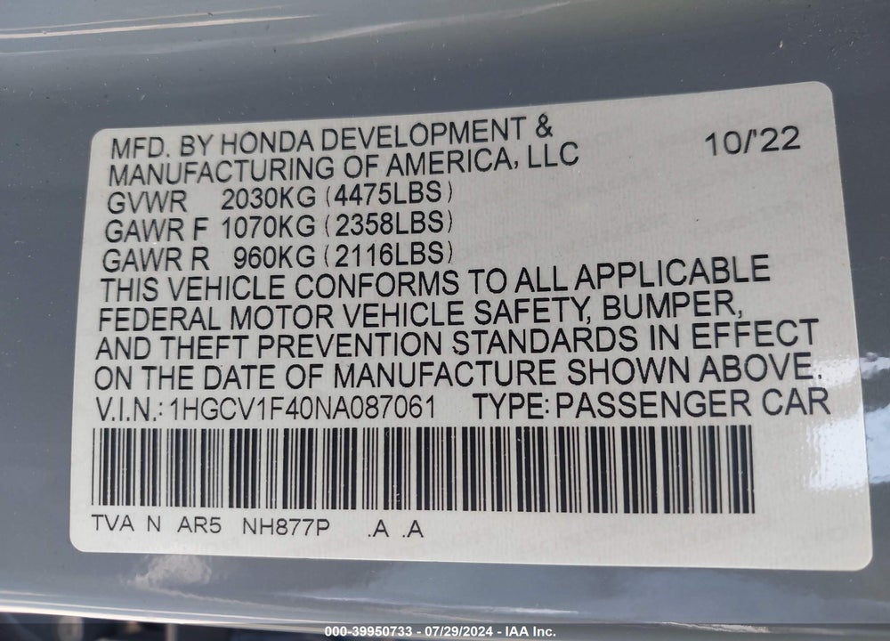 2022 HONDA ACCORD SPORT SPECIAL EDITION VIN: 1HGCV1F40NA087061
