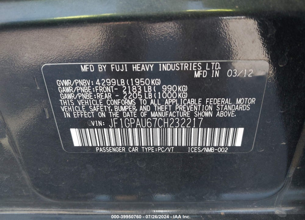 2012 SUBARU IMPREZA 2.0I SPORT LIMITED VIN: JF1GPAU67CH232217