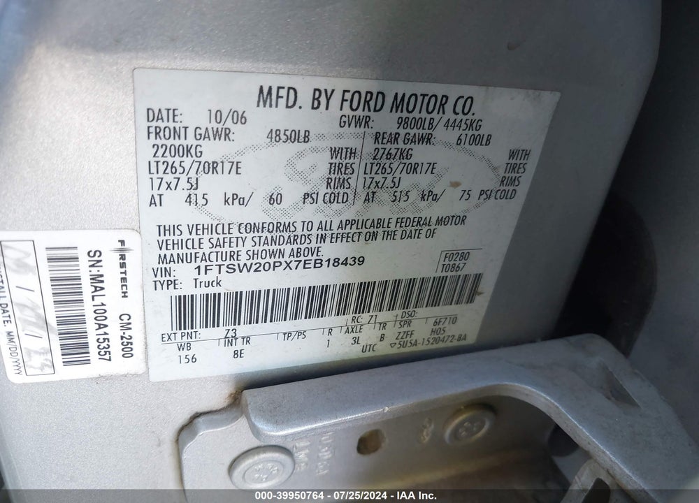 2007 FORD F-250 LARIAT/XL/XLT VIN: 1FTSW20PX7EB18439