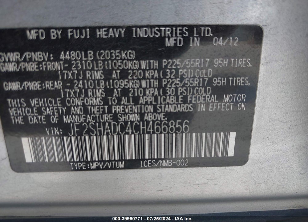 2012 SUBARU FORESTER 2.5X PREMIUM VIN: JF2SHADC4CH466856