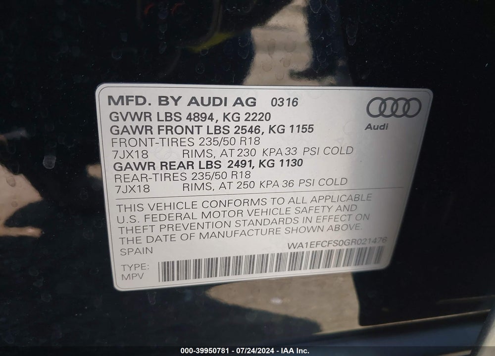 2016 AUDI Q3 2.0T PREMIUM PLUS VIN: WA1EFCFS0GR021476