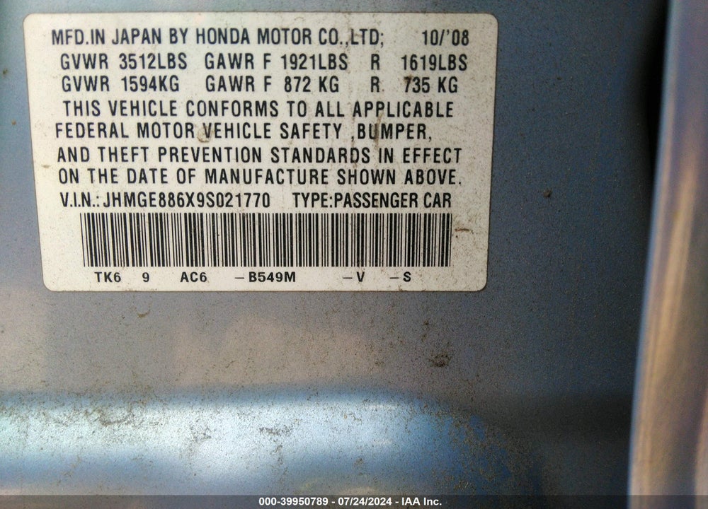 2009 HONDA FIT SPORT VIN: JHMGE886X9S021770