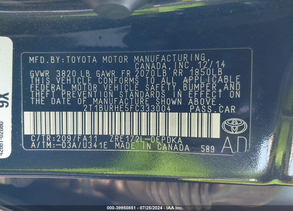 2015 TOYOTA COROLLA L/LE/LE PLUS/LE PREMIUM/S/S PLUS/S PREMIUM VIN: 2T1BURHE5FC333004