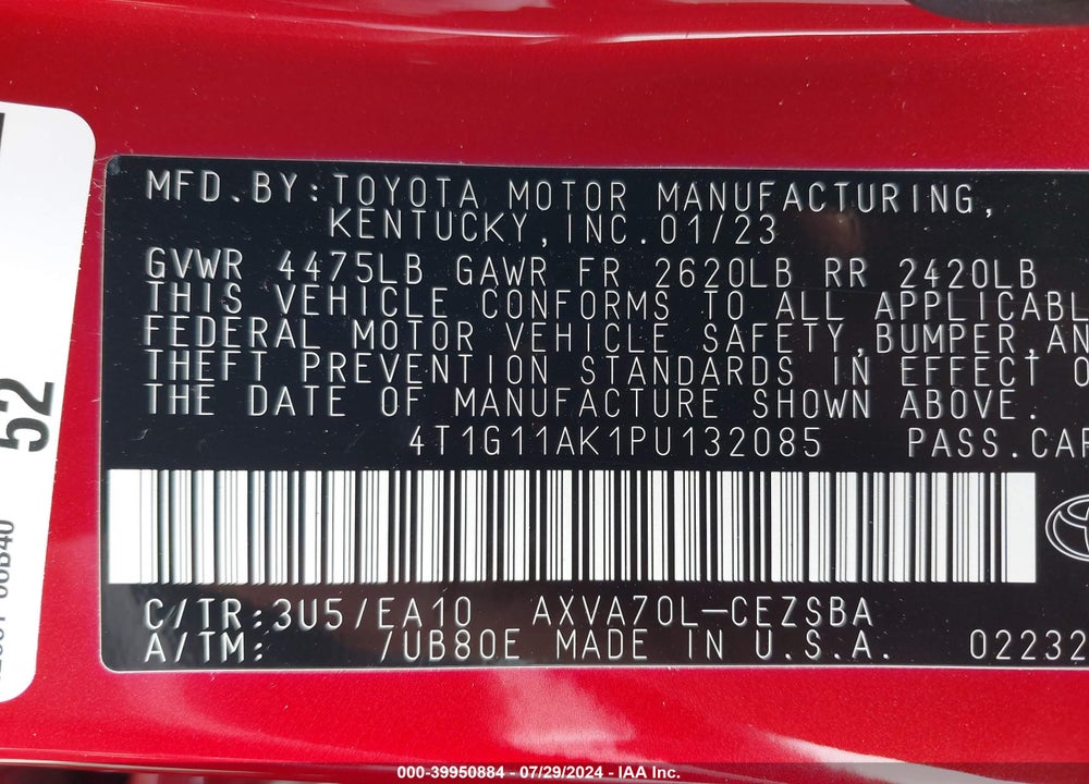 2023 TOYOTA CAMRY VIN: 4T1G11AK1PU132085