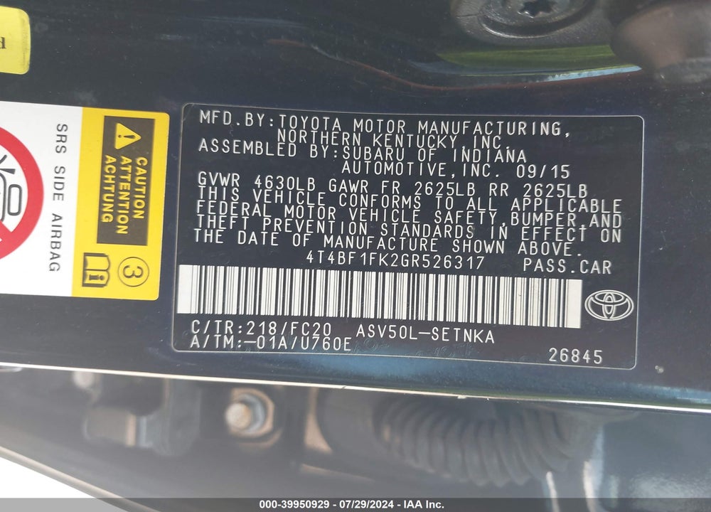 2016 TOYOTA CAMRY LE/SE/XLE/XSE VIN: 4T4BF1FK2GR526317