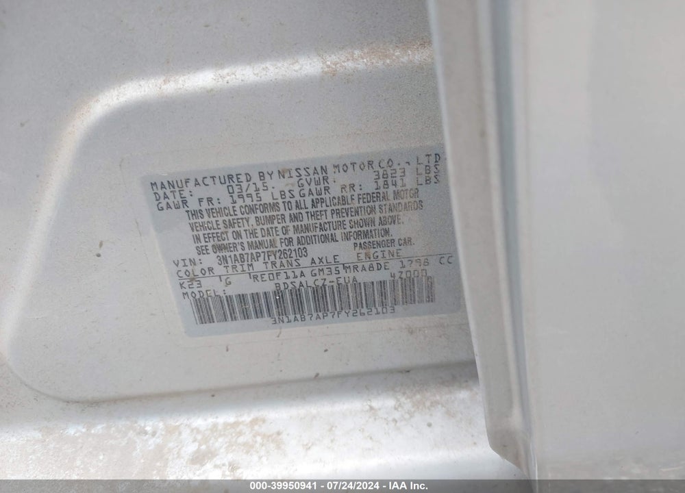 2015 NISSAN SENTRA S VIN: 3N1AB7AP7FY262103