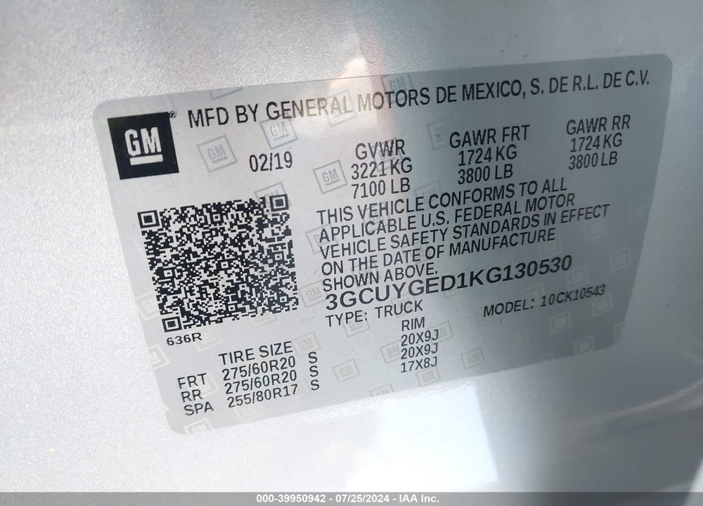 2019 CHEVROLET SILVERADO 1500 LTZ VIN: 3GCUYGED1KG130530