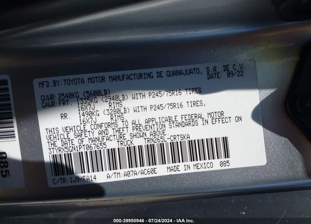 2023 TOYOTA TACOMA SR/SR5 VIN: 3TYRX5GN1PT067655