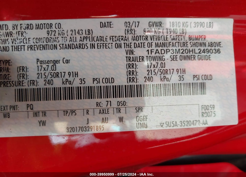 2017 FORD FOCUS SEL VIN: 1FADP3M20HL249036