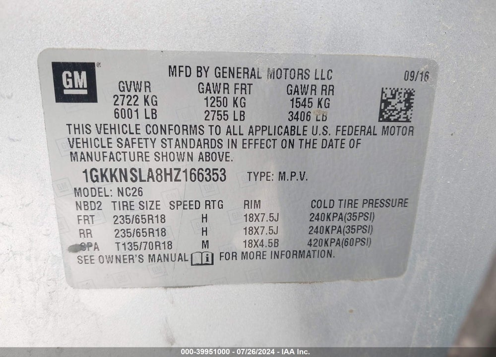 2017 GMC ACADIA SLE-2 VIN: 1GKKNSLA8HZ166353