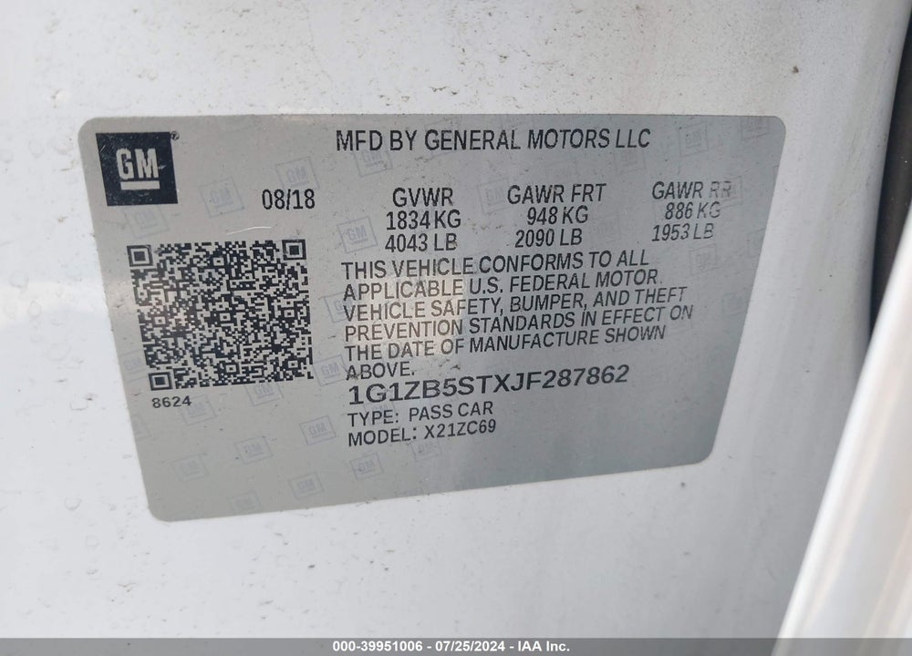 2018 CHEVROLET MALIBU 1LS VIN: 1G1ZB5STXJF287862