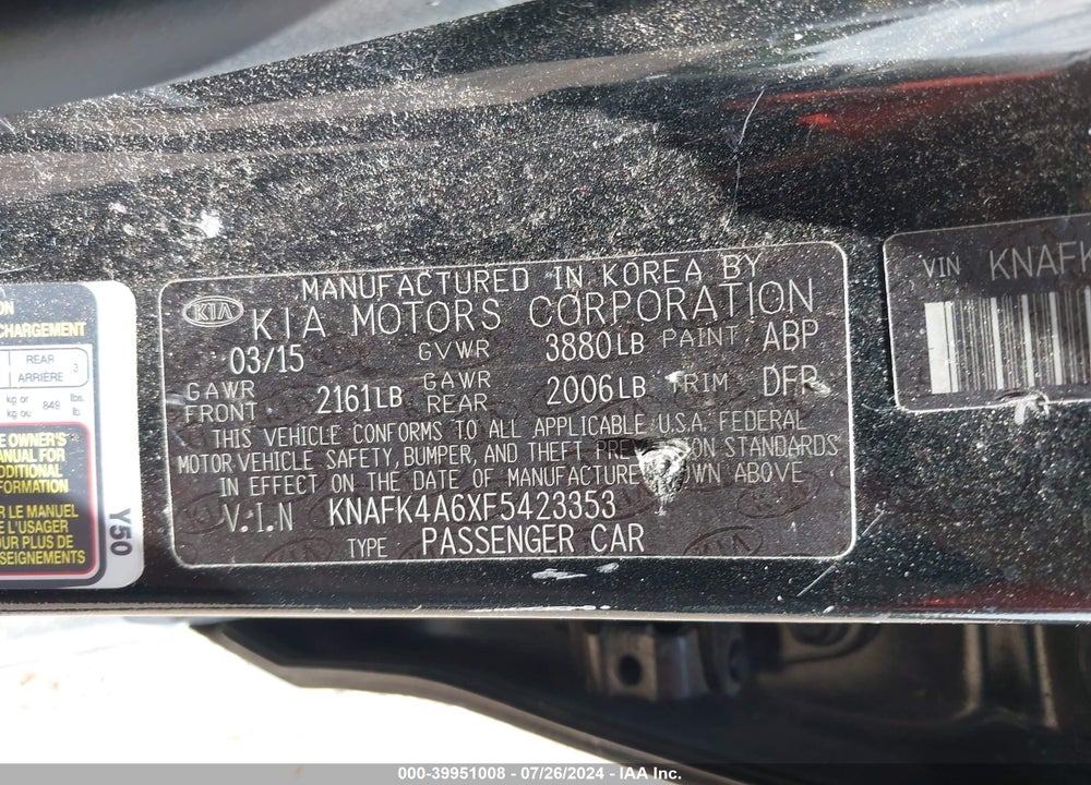 2015 KIA FORTE LX VIN: KNAFK4A6XF5423353