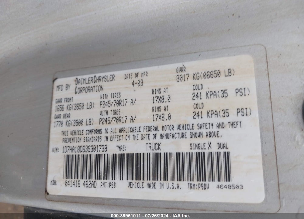 2003 DODGE RAM 1500 SLT/LARAMIE/ST VIN: 1D7HA18D63S301738