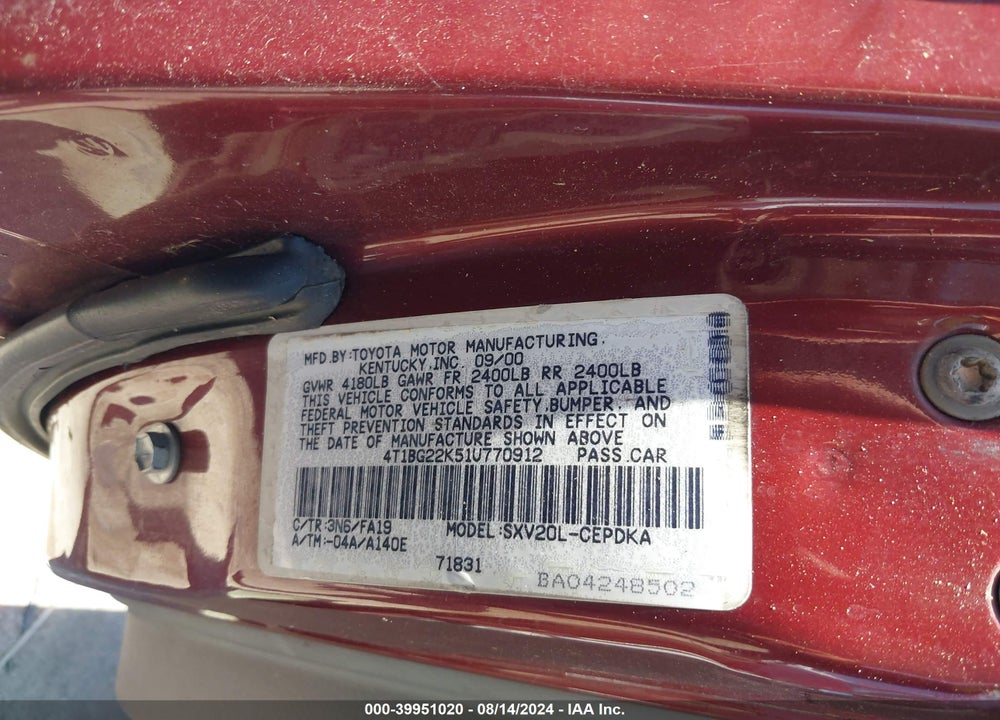 2001 TOYOTA CAMRY CE VIN: 4T1BG22K51U770912