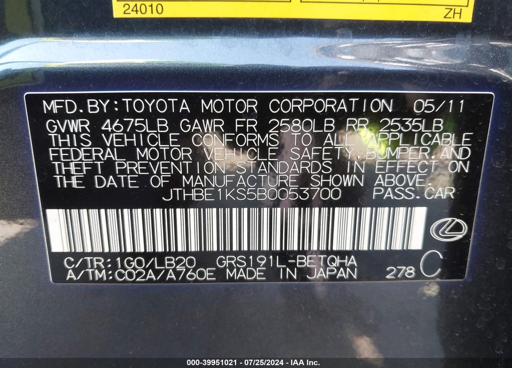 2011 LEXUS GS 350 VIN: JTHBE1KS5B0053700