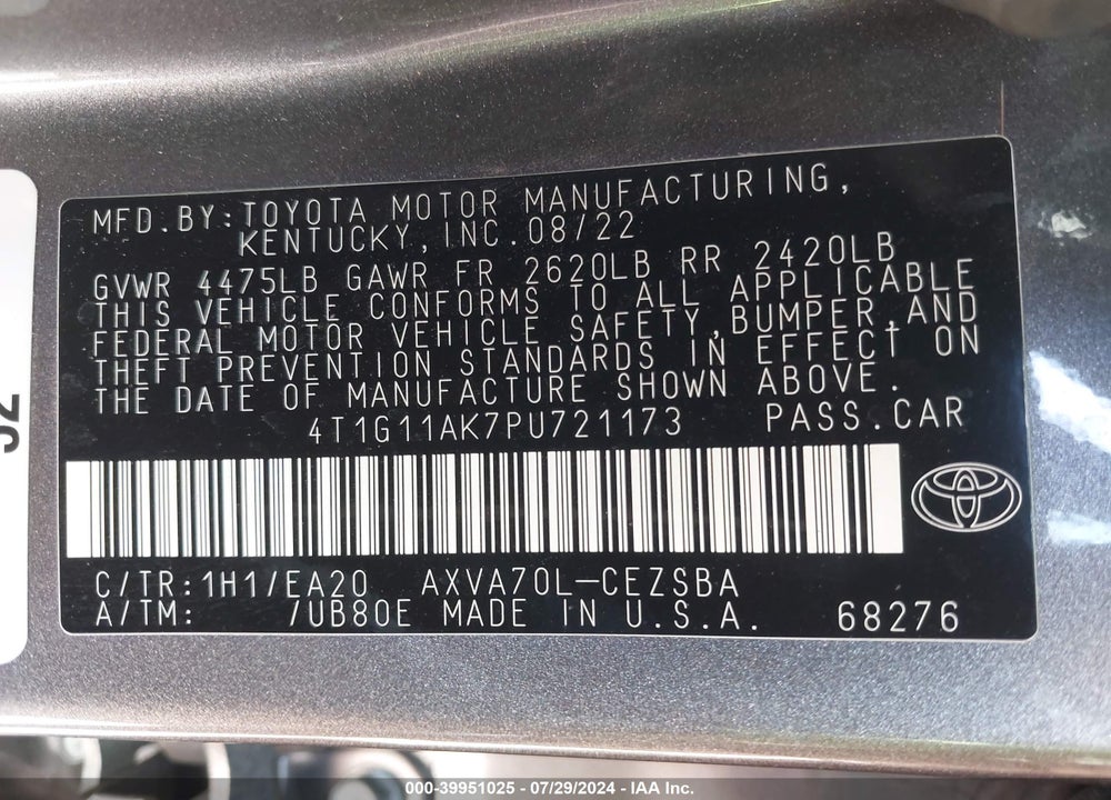 2023 TOYOTA CAMRY SE VIN: 4T1G11AK7PU721173