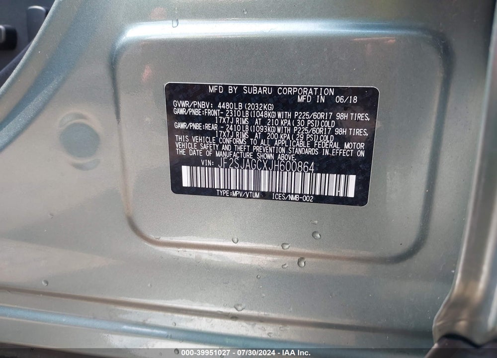 2018 SUBARU FORESTER 2.5I PREMIUM VIN: JF2SJAGCXJH600864