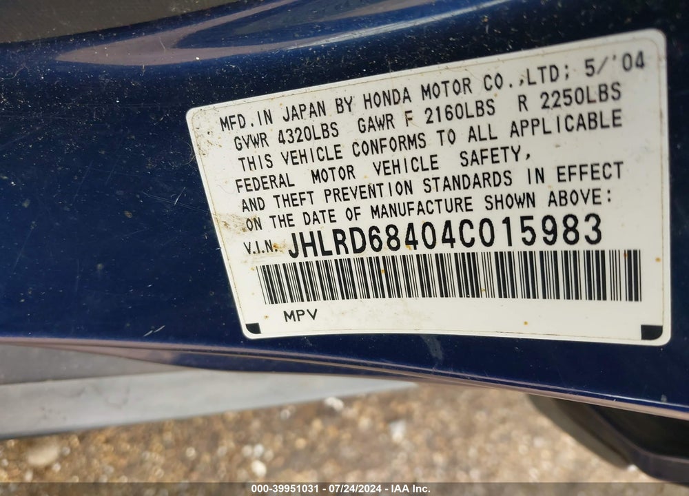 2004 HONDA CR-V LX VIN: JHLRD68404C015983