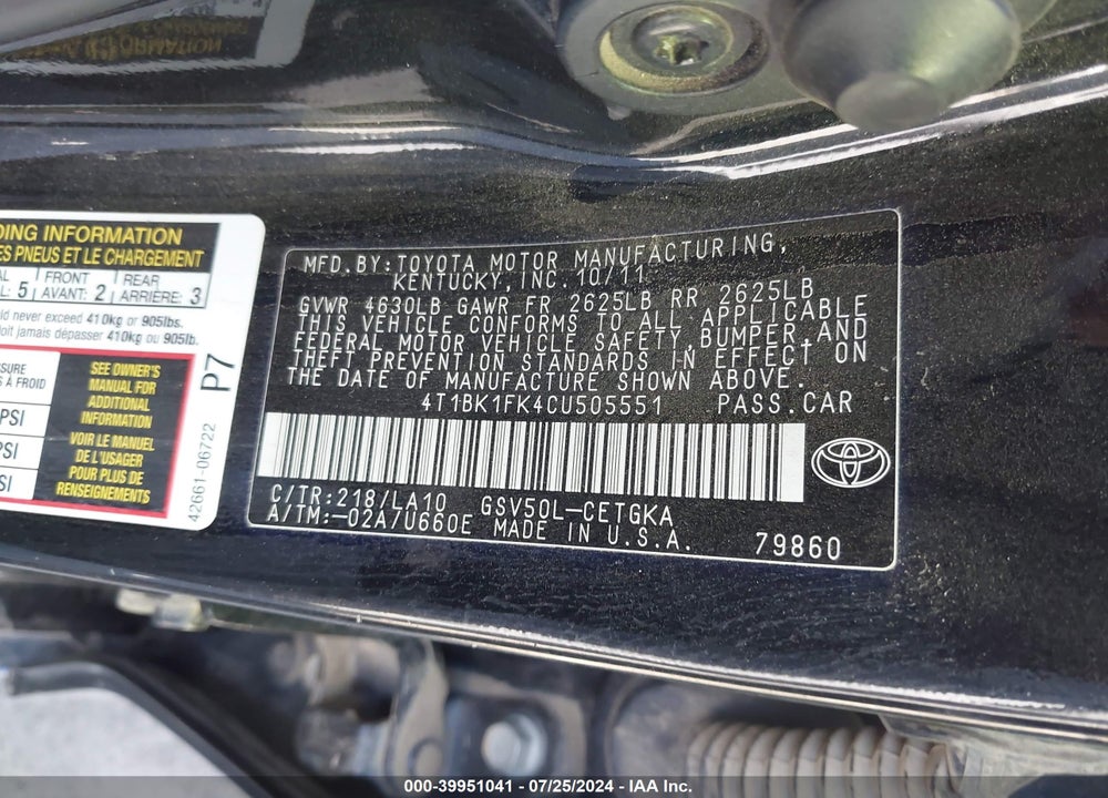 2012 TOYOTA CAMRY XLE V6 VIN: 4T1BK1FK4CU505551