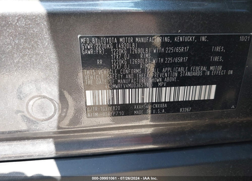 2021 TOYOTA RAV4 HYBRID LE VIN: 4T3MWRFV4MU036511