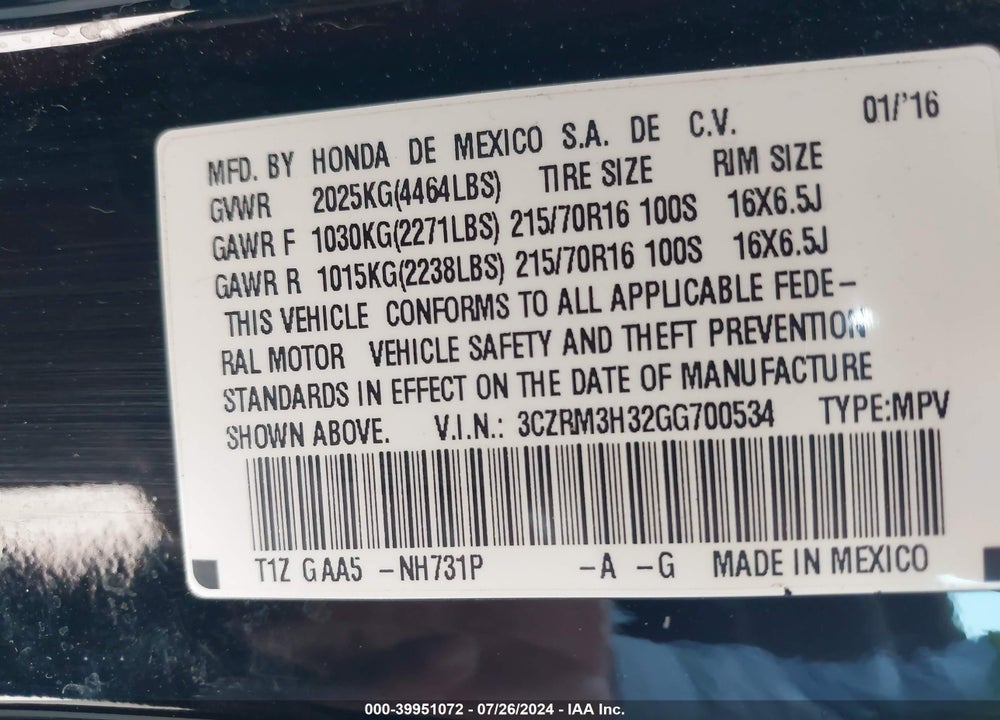2016 HONDA CR-V LX VIN: 3CZRM3H32GG700534