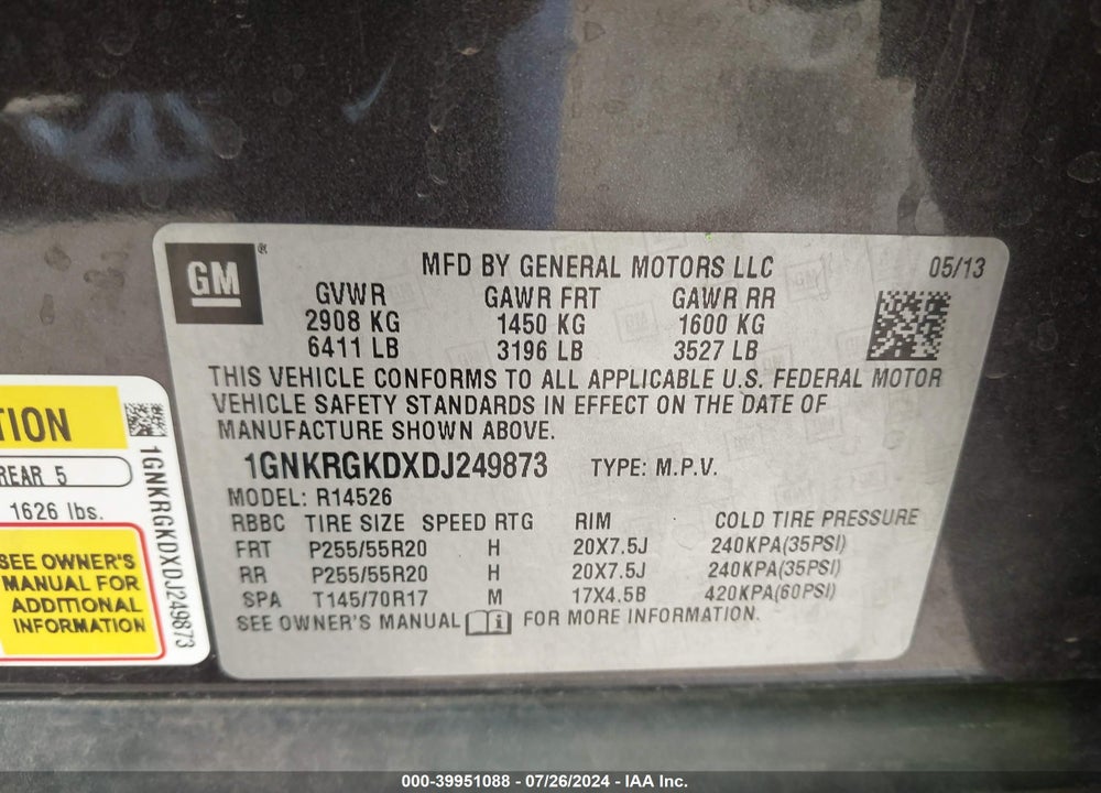 2013 CHEVROLET TRAVERSE VIN: 1GNKRGKDXDJ249873