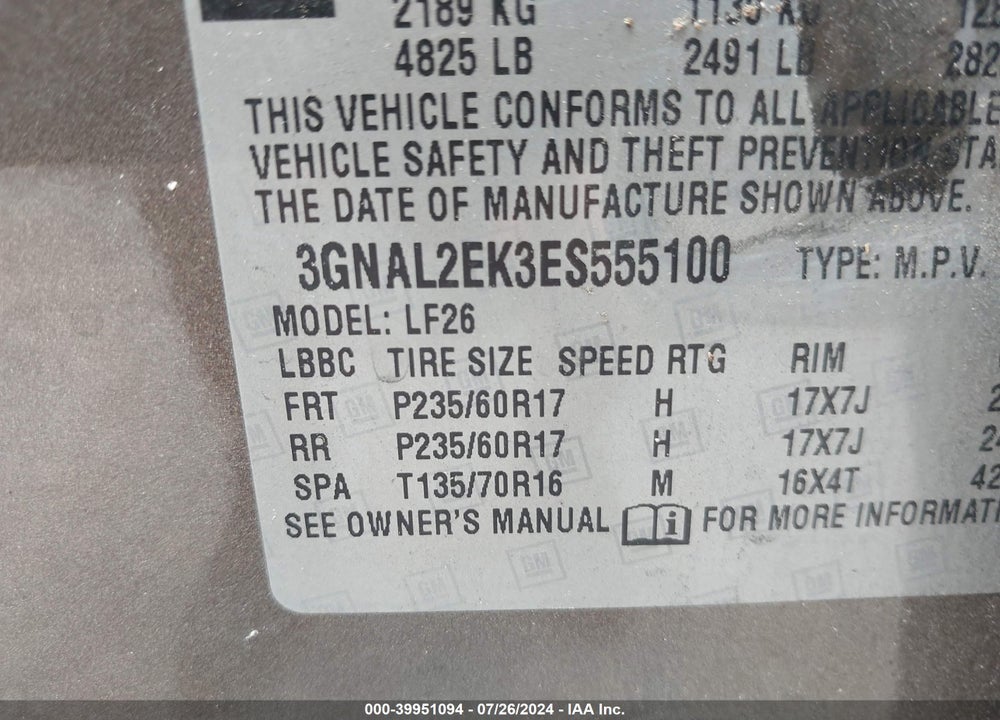 2014 CHEVROLET CAPTIVA SPORT 2LS VIN: 3GNAL2EK3ES555100