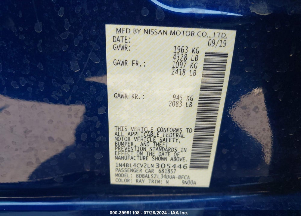 2020 NISSAN ALTIMA SR FWD VIN: 1N4BL4CV2LN305446