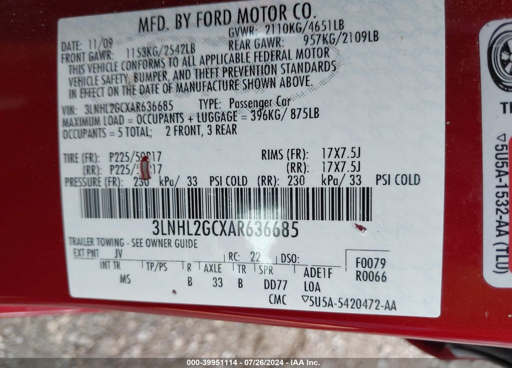 2010 LINCOLN MKZ VIN: 3LNHL2GCXAR636685
