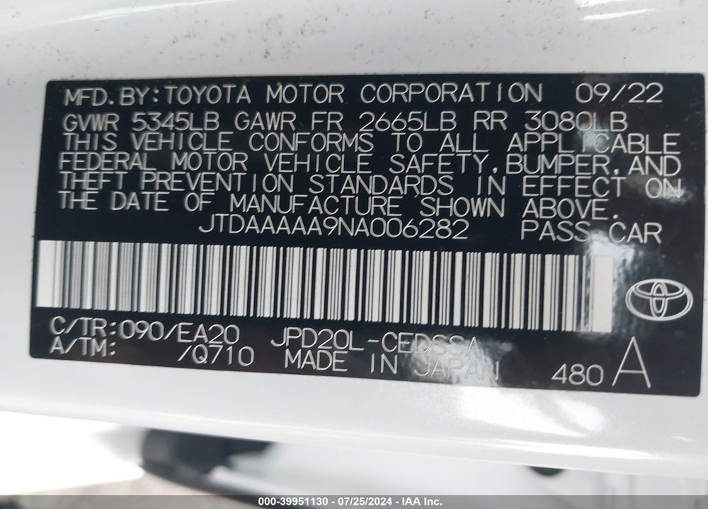 2022 TOYOTA MIRAI XLE VIN: JTDAAAAA9NA006282