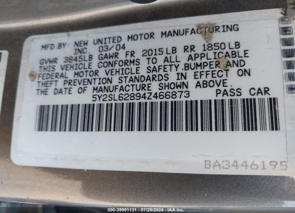 2004 PONTIAC VIBE VIN: 5Y2SL62894Z466873
