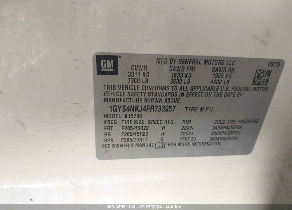 2015 CADILLAC ESCALADE PREMIUM VIN: 1GYS4NKJ4FR733957