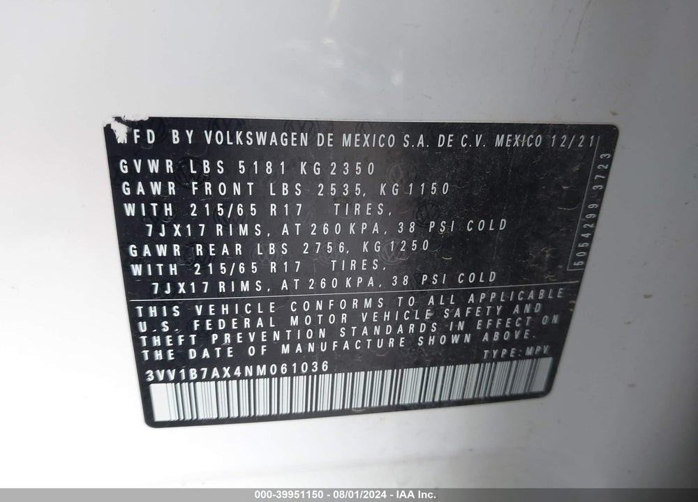 2022 VOLKSWAGEN TIGUAN 2.0T S VIN: 3VV1B7AX4NM061036