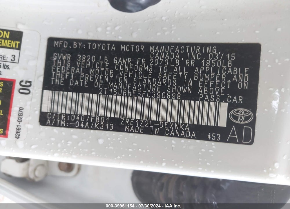 2015 TOYOTA COROLLA VIN: 2T1BURHE5FC390898