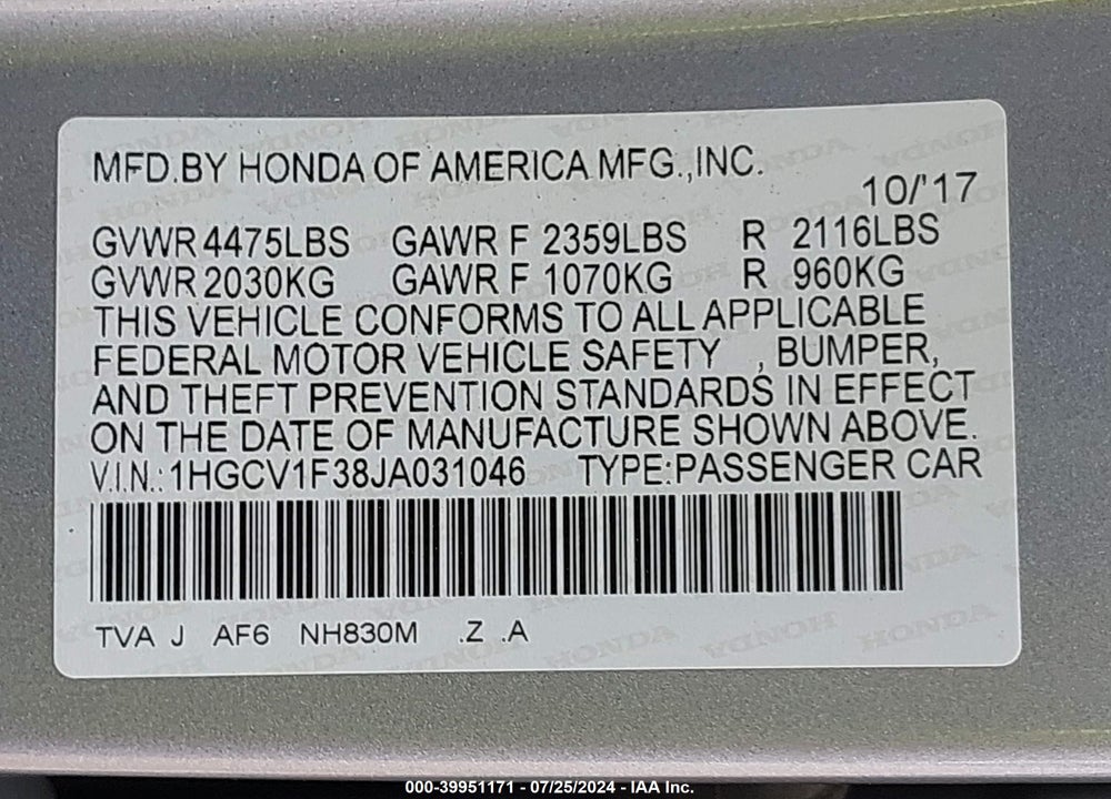 2018 HONDA ACCORD SPORT VIN: 1HGCV1F38JA031046