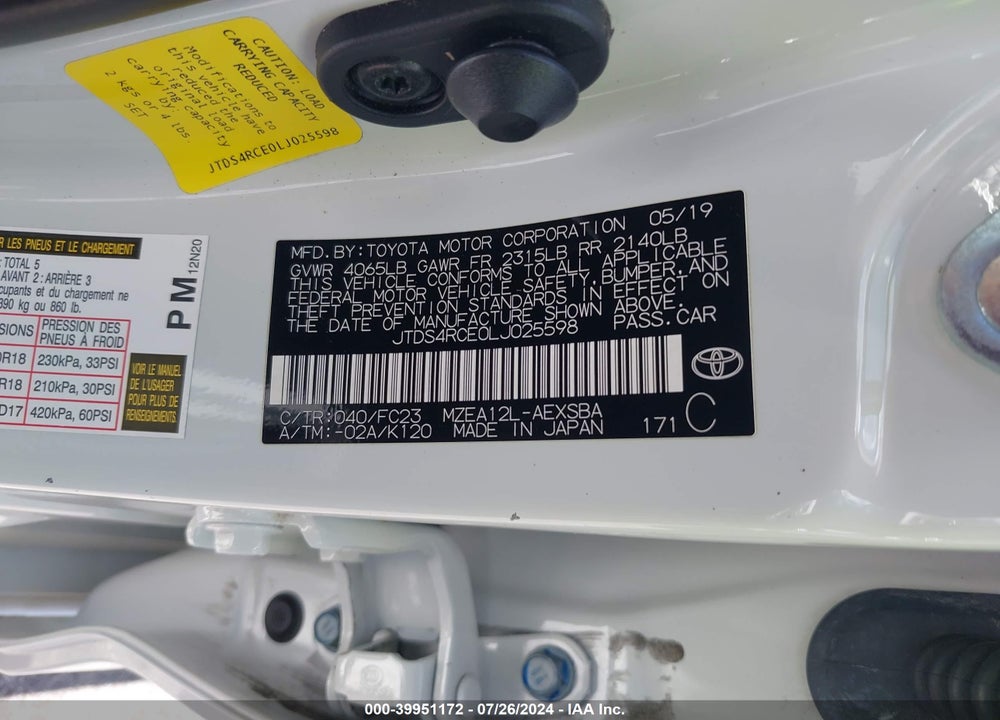 2020 TOYOTA COROLLA SE VIN: JTDS4RCE0LJ025598