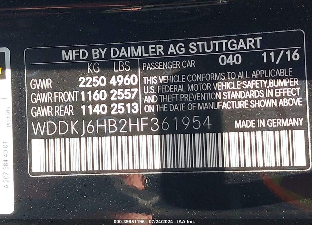 2017 MERCEDES-BENZ E 400 4MATIC VIN: WDDKJ6HB2HF361954