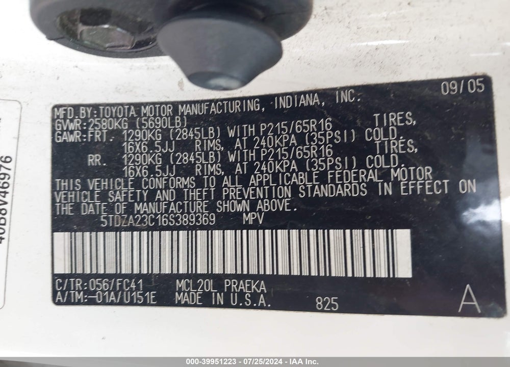2006 TOYOTA SIENNA VIN: 5TDZA23C16S389369