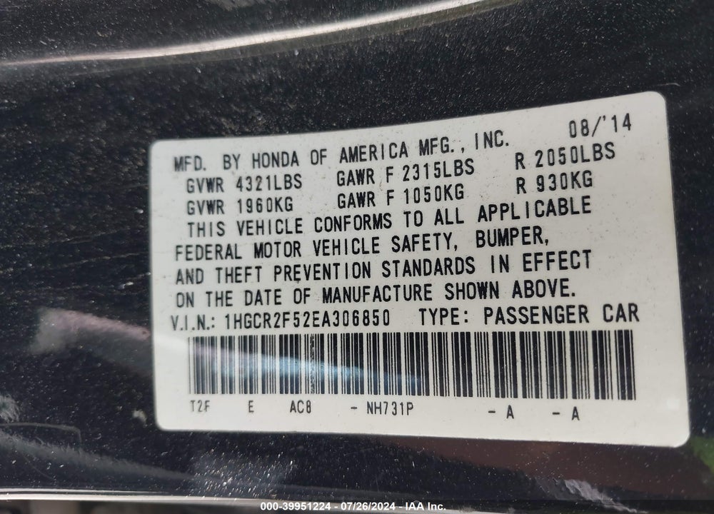 2014 HONDA ACCORD SPORT VIN: 1HGCR2F52EA306850