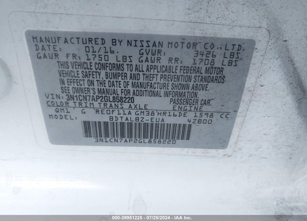 2016 NISSAN VERSA 1.6 S/1.6 S+/1.6 SL/1.6 SV VIN: 3N1CN7AP2GL858220