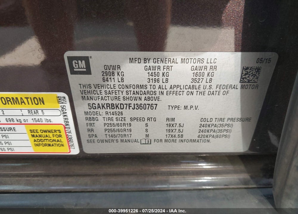 2015 BUICK ENCLAVE LEATHER VIN: 5GAKRBKD7FJ360767