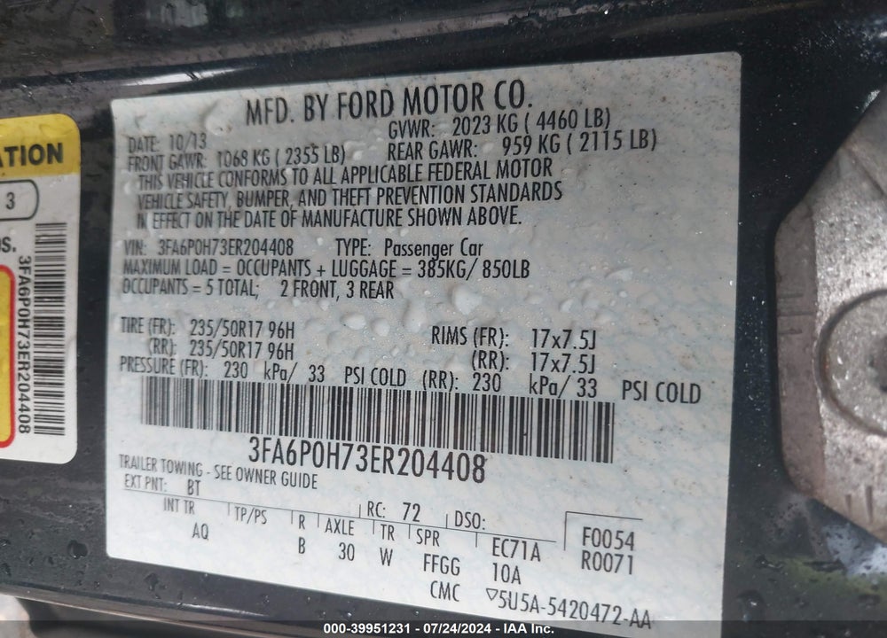2014 FORD FUSION SE VIN: 3FA6P0H73ER204408