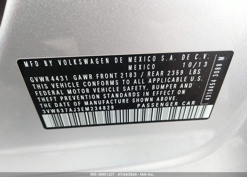 2014 VOLKSWAGEN JETTA HYBRID SEL VIN: 3VW637AJ3EM234829