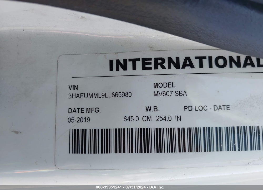 2020 INTERNATIONAL MV VIN: 3HAEUMML9LL865980