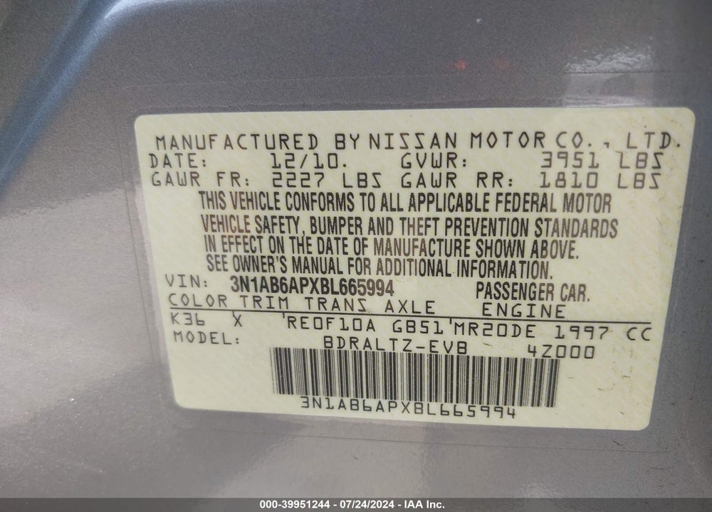 2011 NISSAN SENTRA 2.0S VIN: 3N1AB6APXBL665994