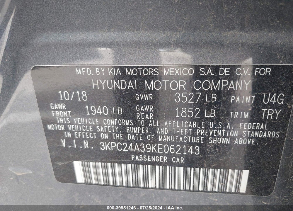 2019 HYUNDAI ACCENT SE VIN: 3KPC24A39KE062143
