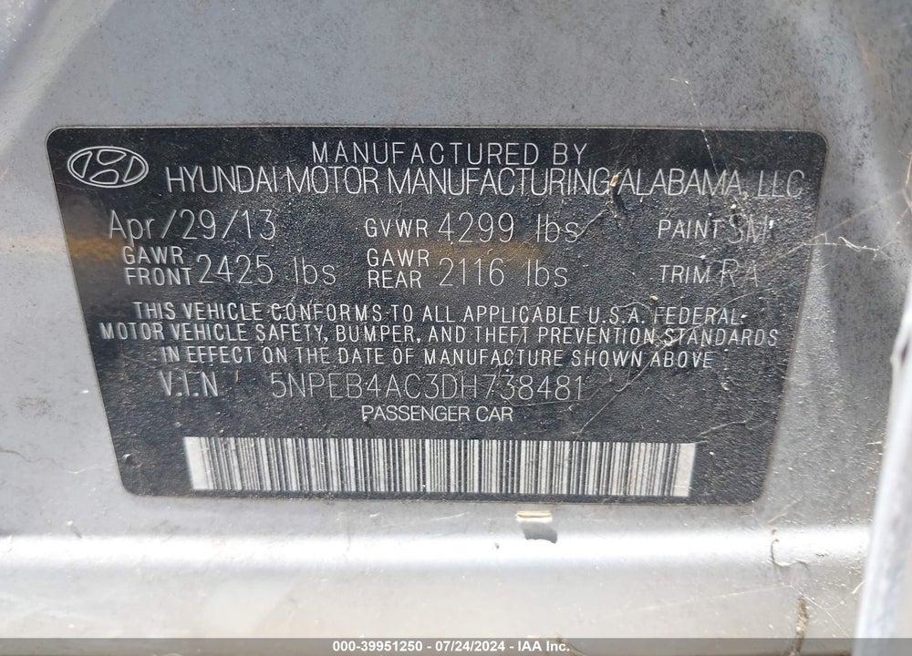 2013 HYUNDAI SONATA GLS VIN: 5NPEB4AC3DH738481