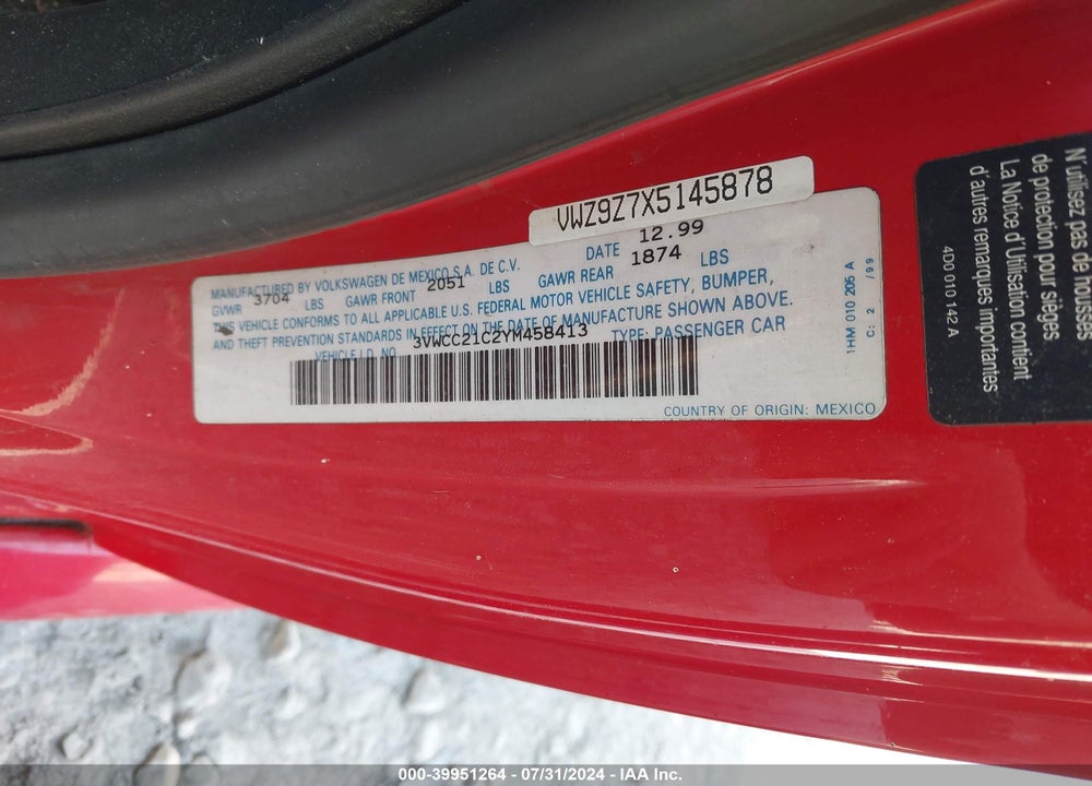 2000 VOLKSWAGEN NEW BEETLE GLS VIN: 3VWCC21C2YM458413