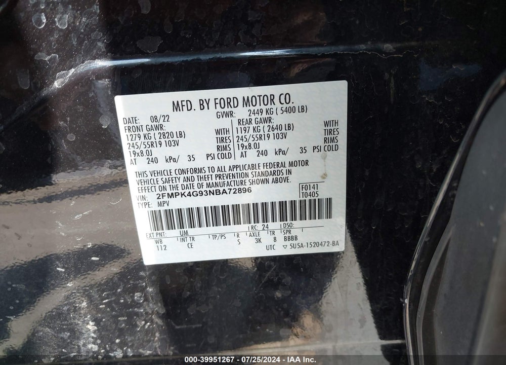2022 FORD EDGE SE VIN: 2FMPK4G93NBA72896