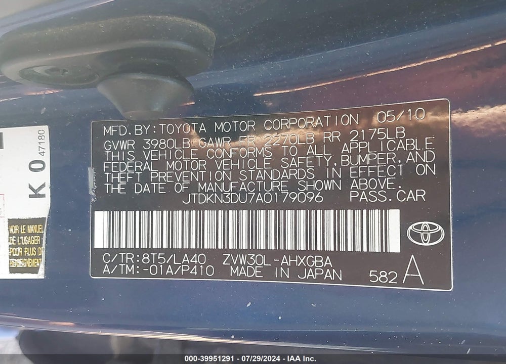2010 TOYOTA PRIUS I/II/III/IV/V VIN: JTDKN3DU7A0179096
